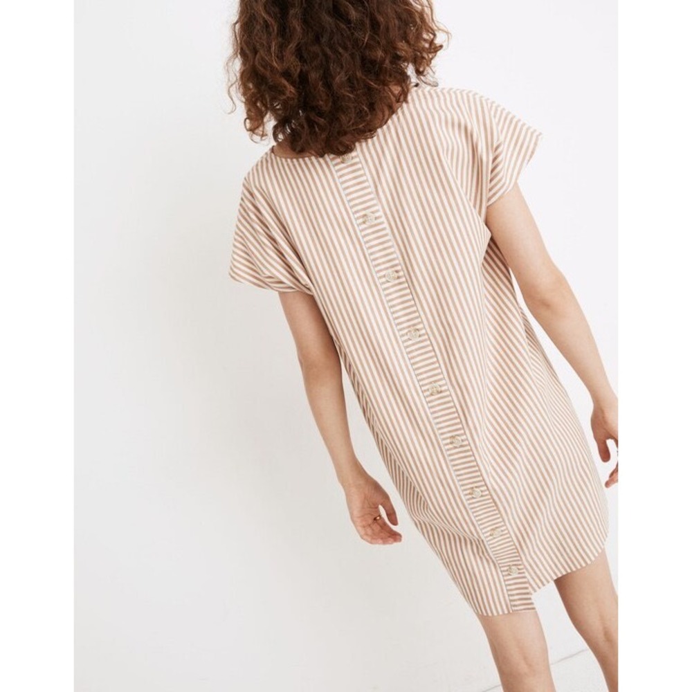 Madewell Tan White Striped V-Neck Button Back Shift Dress S A0278